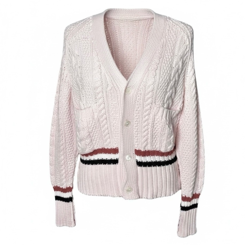Bonner of Ireland Chunky Knit Cotton Cardigan 1 of 1 Size Medium Pink Stripe NWT